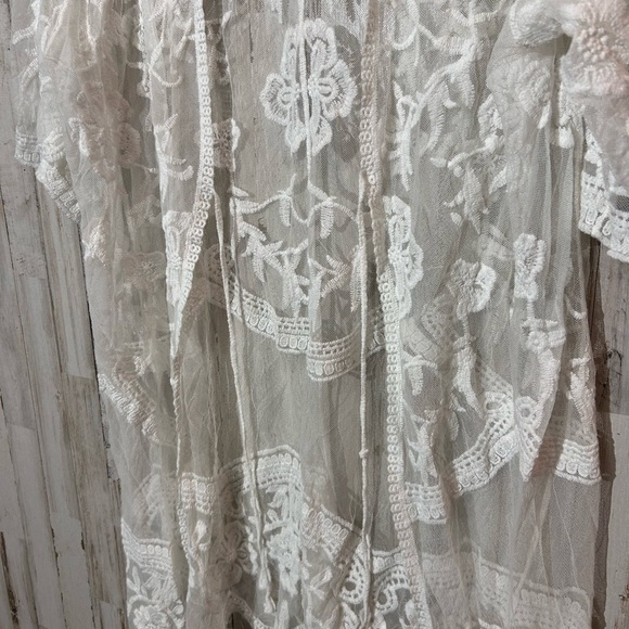 White Floral Lace Sheer Kimono Duster Cardigan Boho Festival Medium - Picture 2 of 5